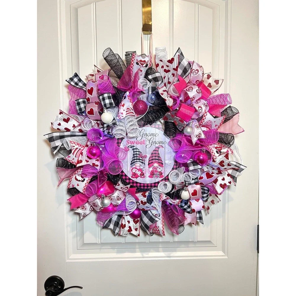 Handmade Valentine’s Gnome Sweet Gnome Ribbon Prelit Wreath 22 ins LED W17